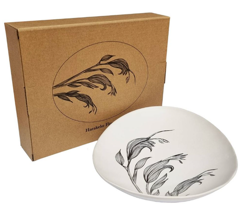 *NZJLB2407 Harakeke Flower Black On Matt White - 24cm Porcelain Bowl